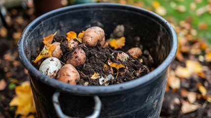 Fototapeta premium Decomposing organic waste in a composting bin for sustainable gardening