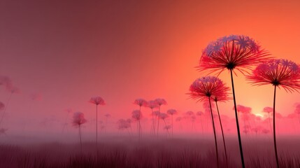 Obraz premium Abstract landscape with stylized trees at sunset.