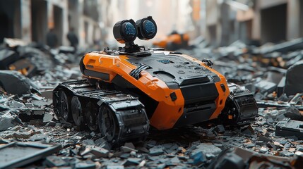 Robot tank navigates urban ruins post-apocalyptic setting futuristic design