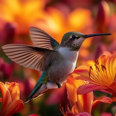 Fototapeta premium Hummingbird in flight amidst vibrant orange lilies