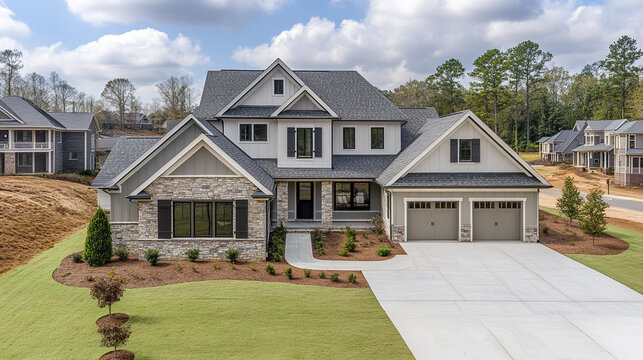 Newly constructed luxury home with stone facade and spacious driveway