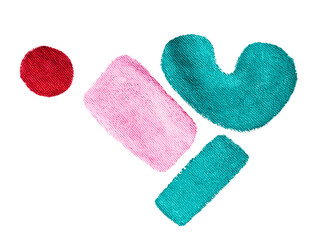 Colorful embroidered abstract shapes on transparent background. Pink, red and turquoise textile elements with textured stitching