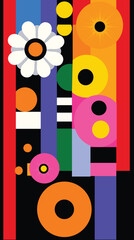 Dynamic abstract illustration featuring stylized flowers and geometric shapes in a vibrant vertical layout