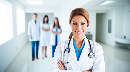 Confident smiling female doctor with stethoscope – healthcare professional portrait. AI Generative.