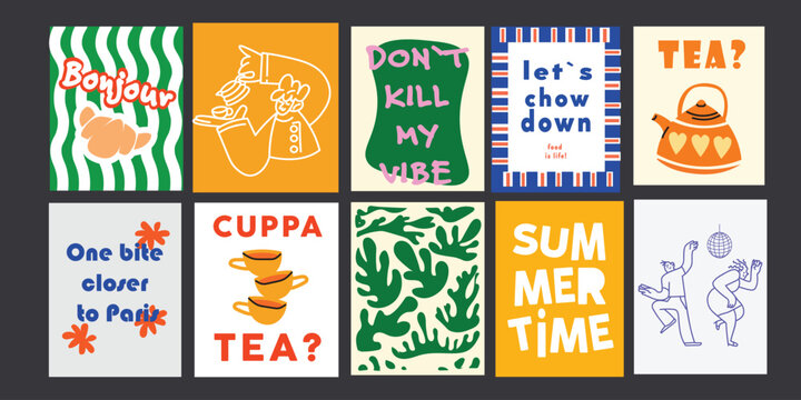 Collection of colourful posters with positive messages and illustrations  in cartoon 90s style for cafe branding, menus, art posters, greetings