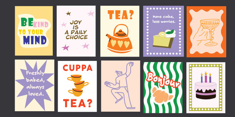 Collection of colourful posters with positive messages and illustrations  in cartoon 90s style for cafe branding, menus, art posters, greetings