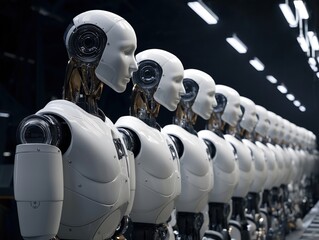 Humanoid robot assembly line in a modern factory