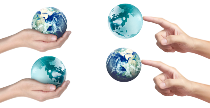 Interactive global awareness hands engaging with earth globes digital art studio setting conceptual visualization