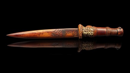 An intricately carved dagger rests against a black background