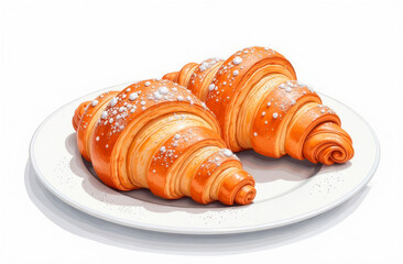 Airy croissants with powdered sugar on a white plate, on a white isolated background