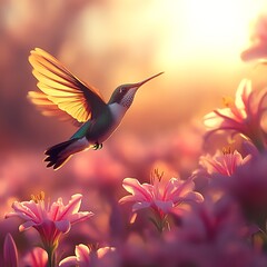 Obraz premium Hummingbird in Flight Among Pink Flowers at Sunrise