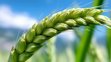 Close up of a green wheat ear against a blue sky