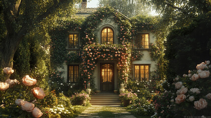 Charming home with ivy and flower trellises, warm glow from windows