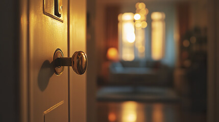 Open door with key in lock, leading to cozy, warmly lit living room