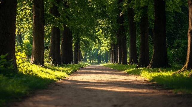 Sunlit path through lush green tree-lined avenue. (1)