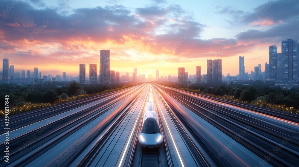 Poster high speed train moves along elevated tracks in a bustling city at sunset, highlighting automation a