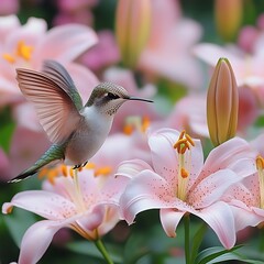 Naklejka premium Hummingbird in Flight Among Pink Lilies