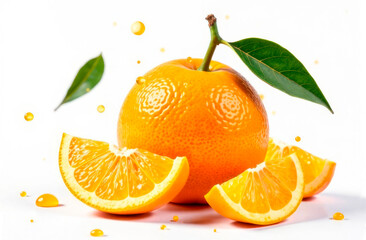 Juicy orange with slices and leaves on a white background
