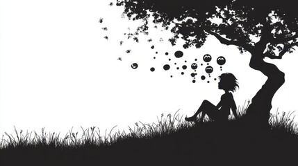 Silhouette of a person sitting under a tree with thought bubbles showing multiple feelings