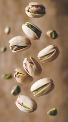 An image of pistachios flying through the air. Perfect for food blogs, nut ads, and food and nutrition projects. This photo conveys dynamism and freshness.