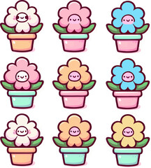 A collection of cute round flower plants in pastel colors, each in a unique pot, arranged in a seamless pattern. The flowers have smiling faces, soft rounded petals, and simple green leaf