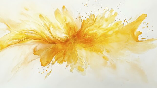 Abstract Yellow Gold Watercolor Ink Splash Wash on White Canvas