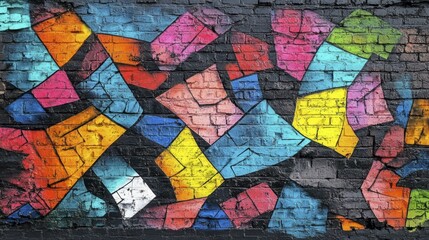 Obraz premium Vibrant Geometric Shapes Painted as Graffiti Mural on Textured Brickwork