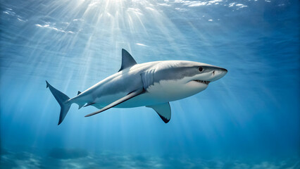 Fototapeta premium stunning underwater shot of white shark gliding gracefully through clear blue waters, illuminated by sun rays