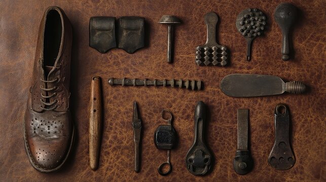 Collection of antique shoe making tools arranged on leather surface - Powered by Adobe