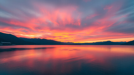 A peaceful sunrise over a tranquil lake with mountains in the background, soft pastel colors in the sky