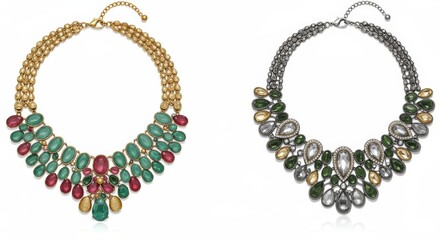 Obraz premium Elegant Statement Necklaces Set Against a Crisp White Backdrop Showcase Craftsmanship
