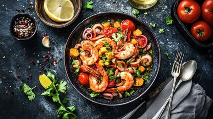 Thai seafood curry with shrimp, squid, and vegetables in a coconut broth.