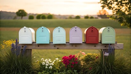Colorful mailboxes row rural landscape delivery service communication