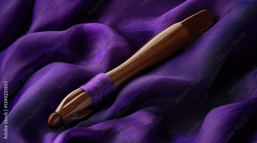 Poster a wooden object wrapped with string rests on a purple fabric