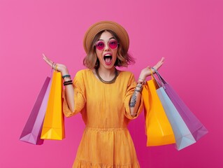 Excited young woman in summer clothes holding shopping bags, studio portrait
