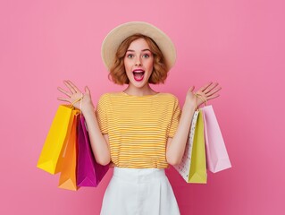 Excited young woman in summer clothes holding shopping bags, studio portrait