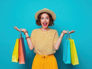 Excited young woman in summer clothes holding shopping bags, studio portrait