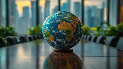 photo of global meeting, earth in th middle of table, idea of earth day