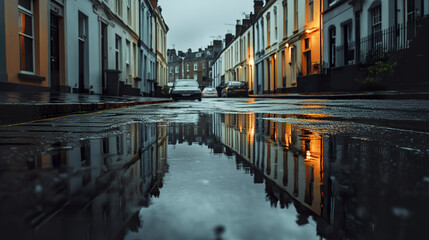 Wet pavement reflects row of houses on rainy day in quiet street