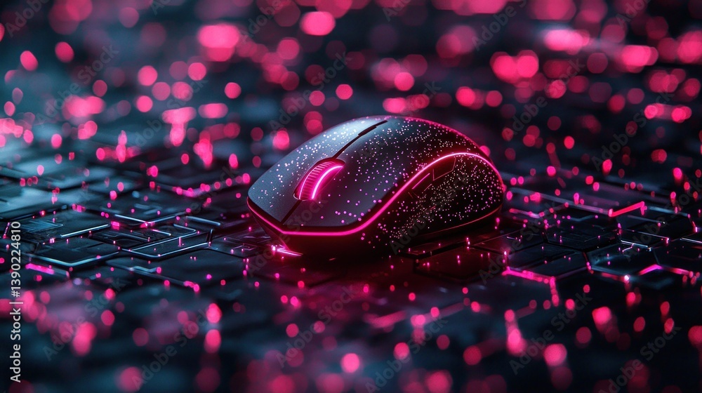 Poster futuristic computer mouse illuminated with neon pink on a circuit board