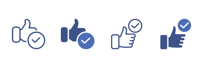 Thumbs up icons with check mark approval and verification symbol set