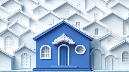 Blue house model stands out among white houses, symbolizing uniqueness