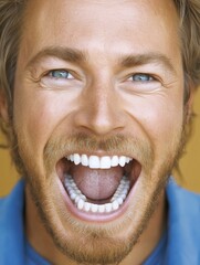 Close-up of a joyful man laughing with excitement