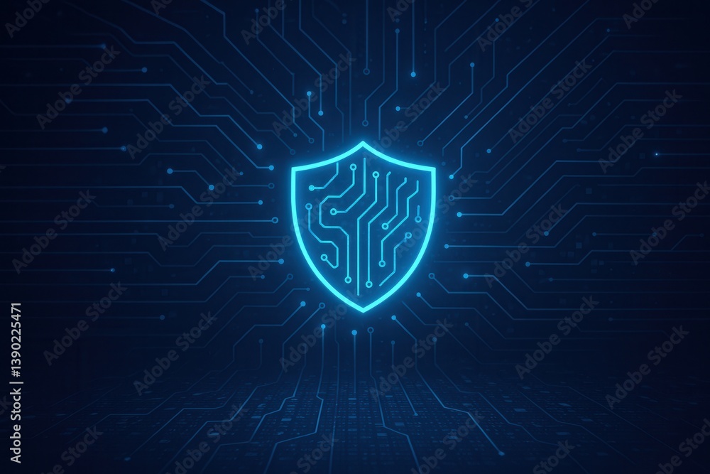 Poster a glowing blue shield symbolizing cybersecurity, set against a dark background with circuit patterns