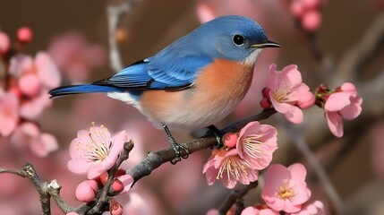 Fototapeta premium Blue bird sitting on pink plum blossom