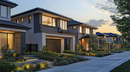 Modern homes line peaceful suburban street at sunset