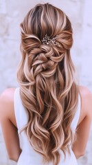 Naklejka premium Beautiful woman with intricately styled hairstyle and hair accessory is shown