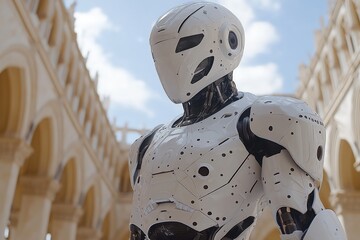 Futuristic White Robot in City