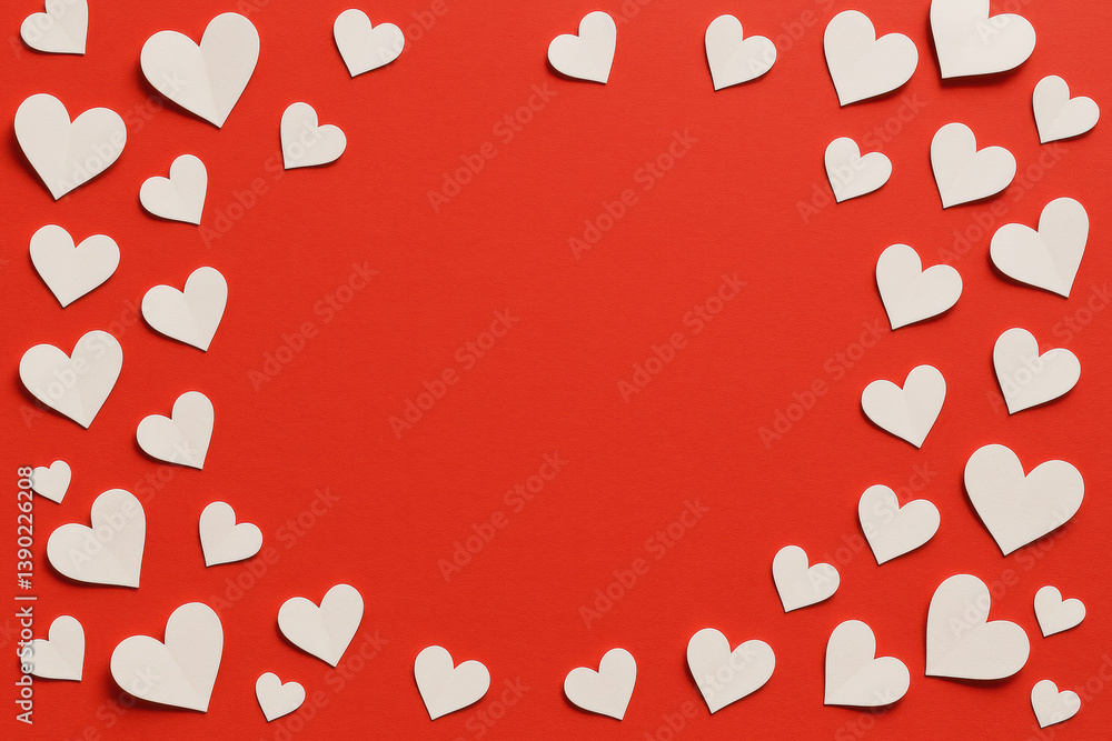 Poster a vibrant red frame background adorned with various white paper hearts arranged in a circular patter