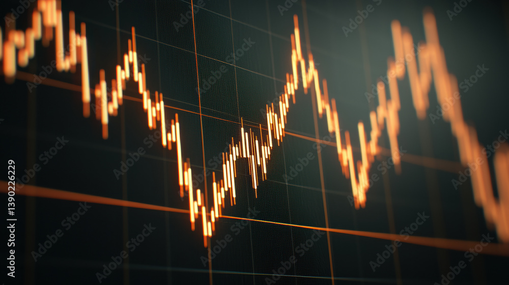 Poster a dynamic fintech stock market graph background displaying fluctuating prices with orange lines on a